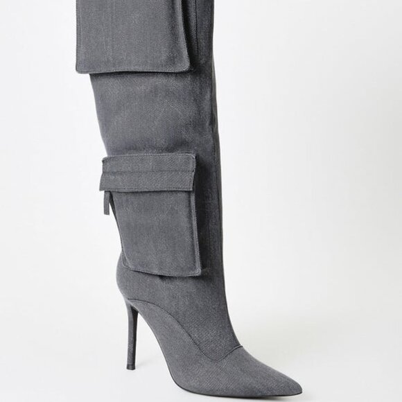 SHOEDAZZLE WOMENS TALL 4.25" STILETTO BOOT OUTER POCKET ACCENTS INNER ZIP - Picture 1 of 5